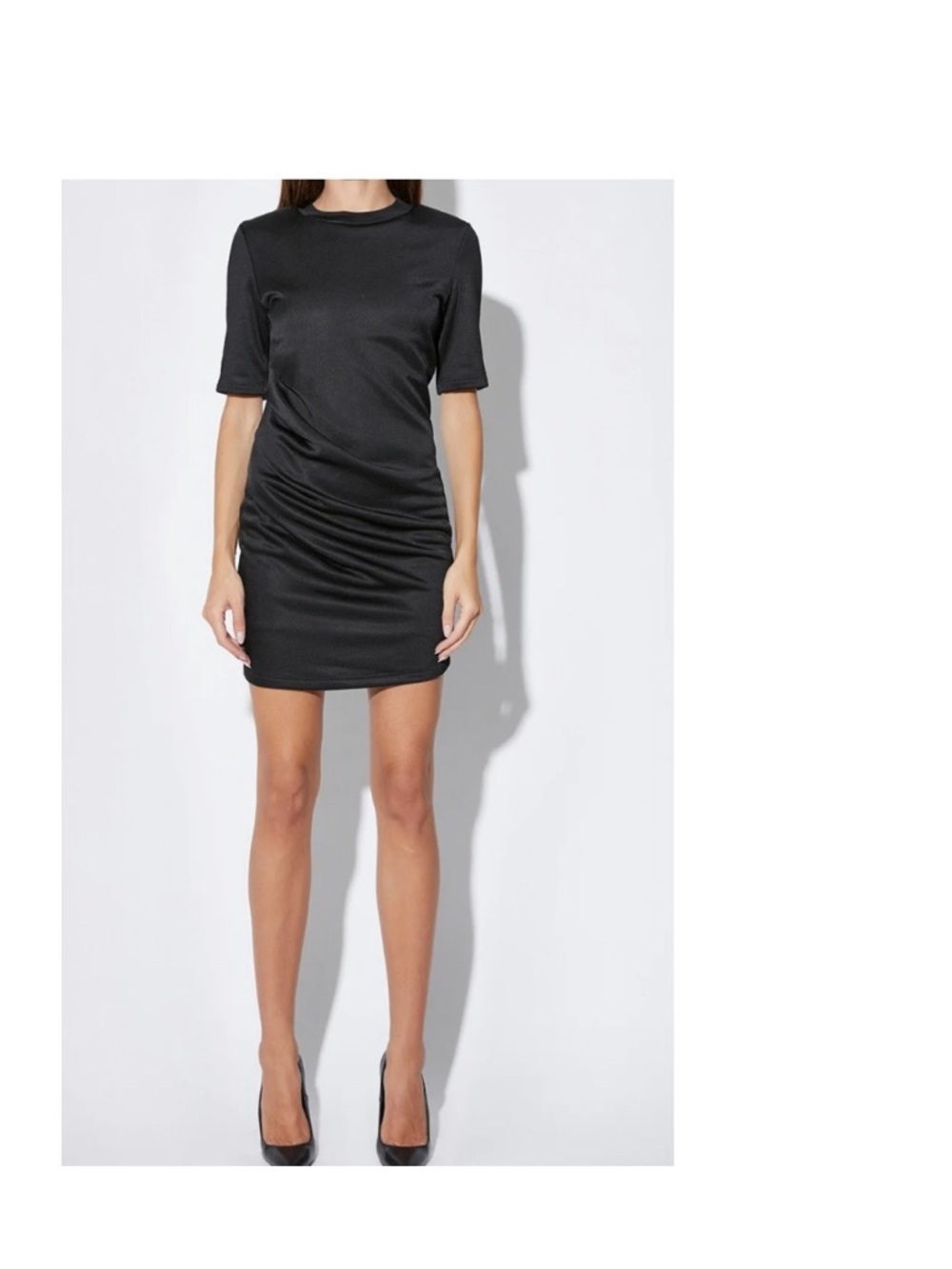 Ruched Black Short-Sleeve Mini Dress